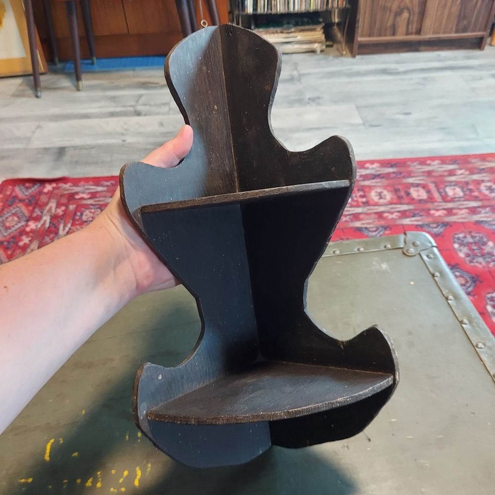 Vintage Wooden Corner Shelf Hourglass Scallop 2 Tier Primitive Black Wall Decor